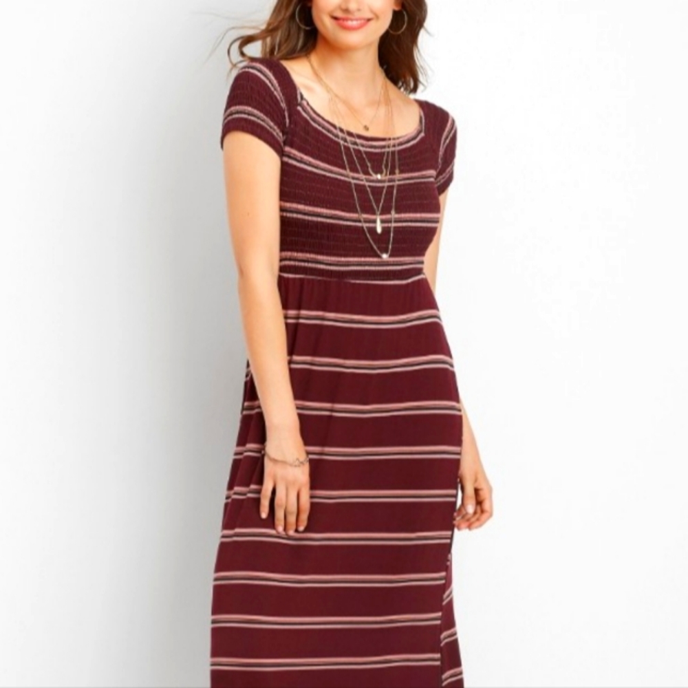 Maurice's Maroon Striped Smocked Off-Shoulder Maxi Dress